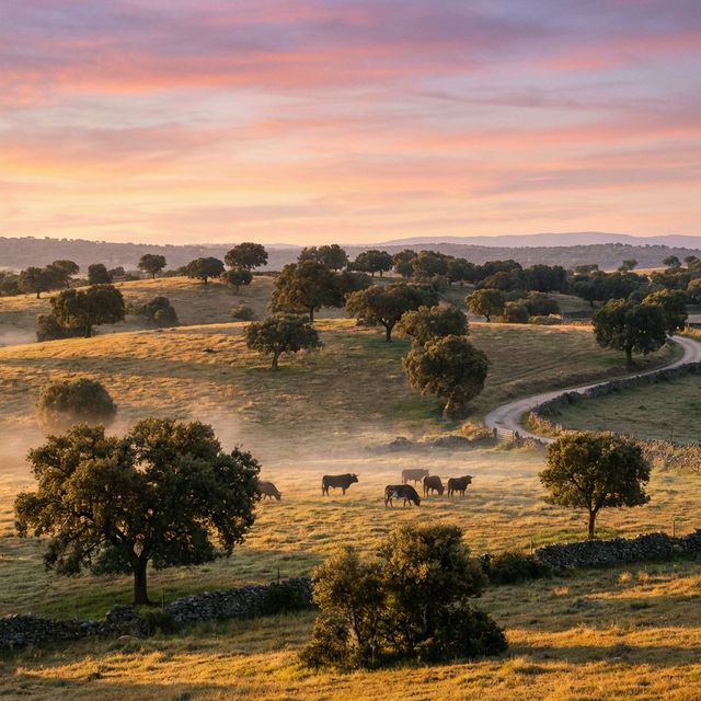 Dehesa española con encinas y toros pastando al amanecer