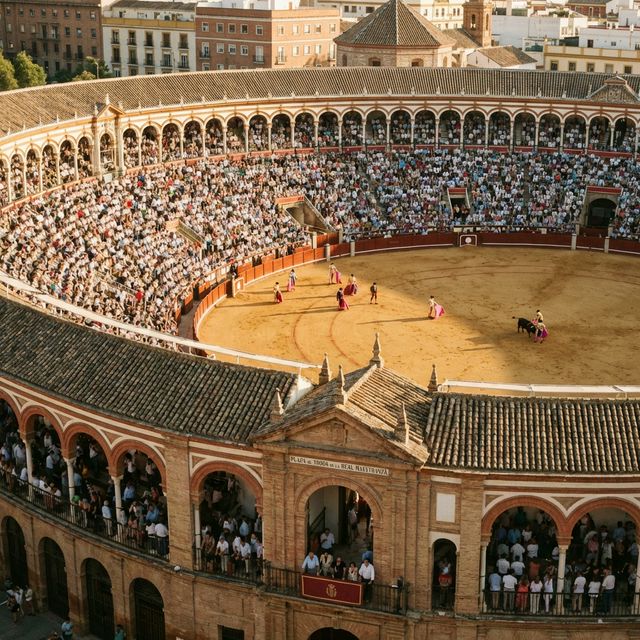Vista panorámica de una plaza de toros llena durante una corrida