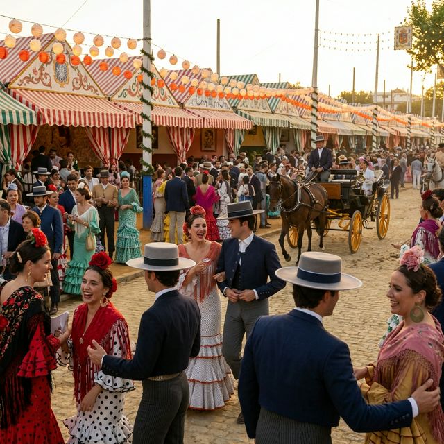 Ambiente festivo de la Feria de Abril con casetas y farolillos