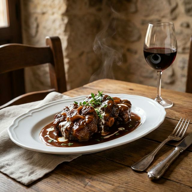 Plato de rabo de toro guisado elegantemente servido
