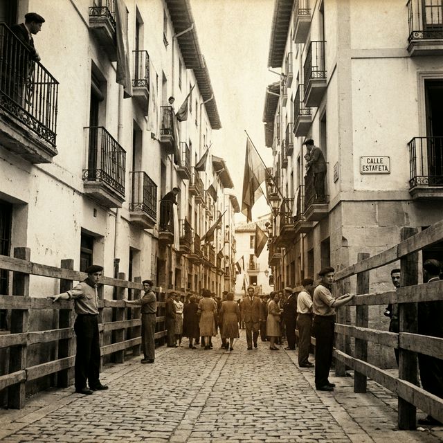 Calle de Pamplona con barreras de encierro en los años 50