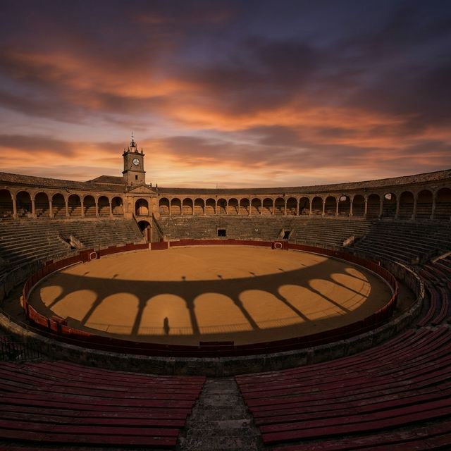 Plaza de toros vacía al atardecer con cielo dramático