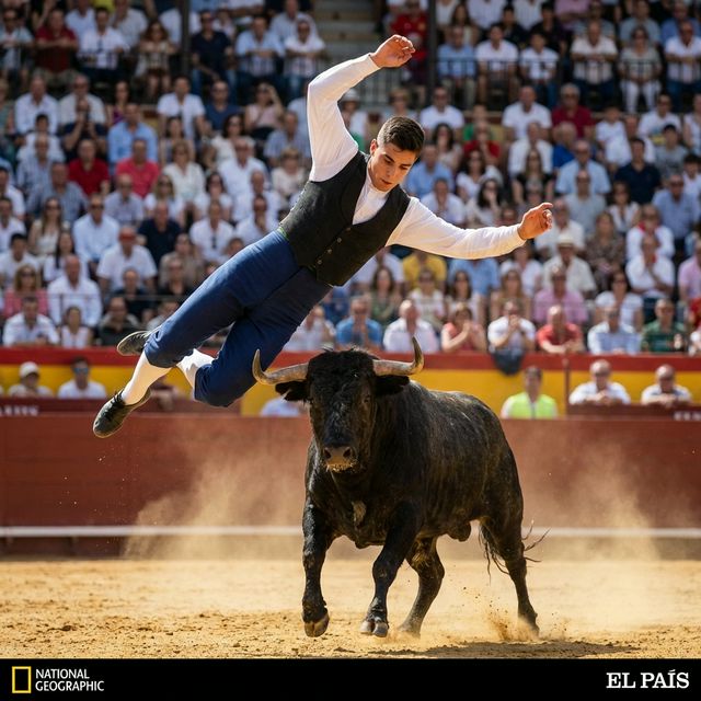 Recortador saltando sobre un toro en una plaza