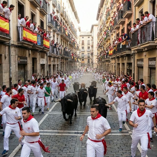 Mozos corriendo delante de los toros en el encierro de Pamplona