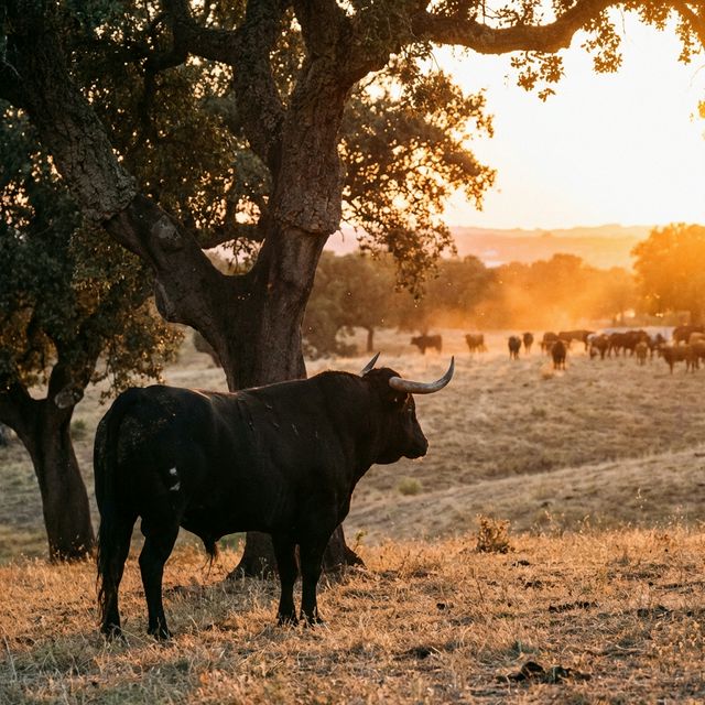 Toro bravo negro en la dehesa al atardecer