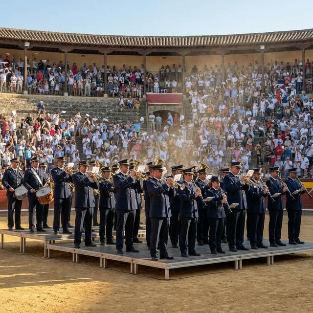 Banda de música tocando un pasodoble en una plaza de toros