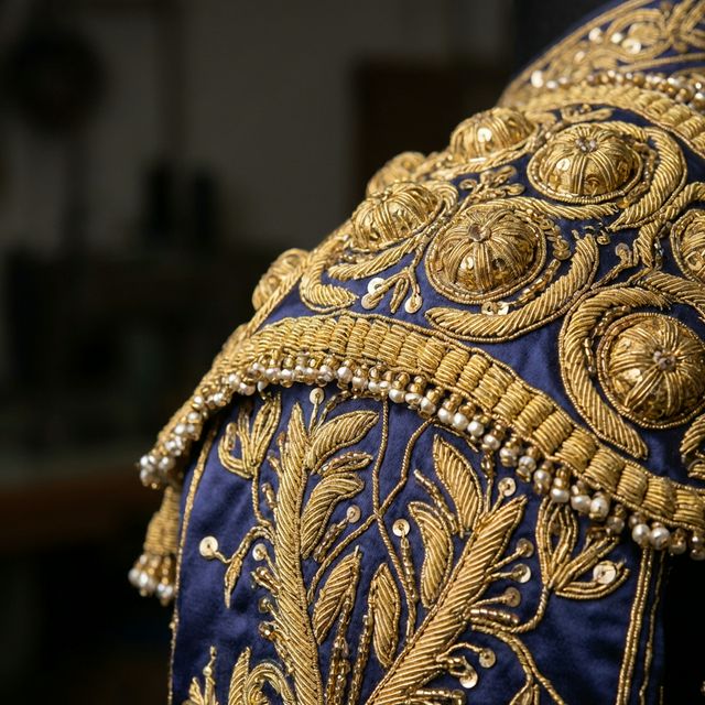 Detalle de un traje de luces con bordados dorados sobre seda
